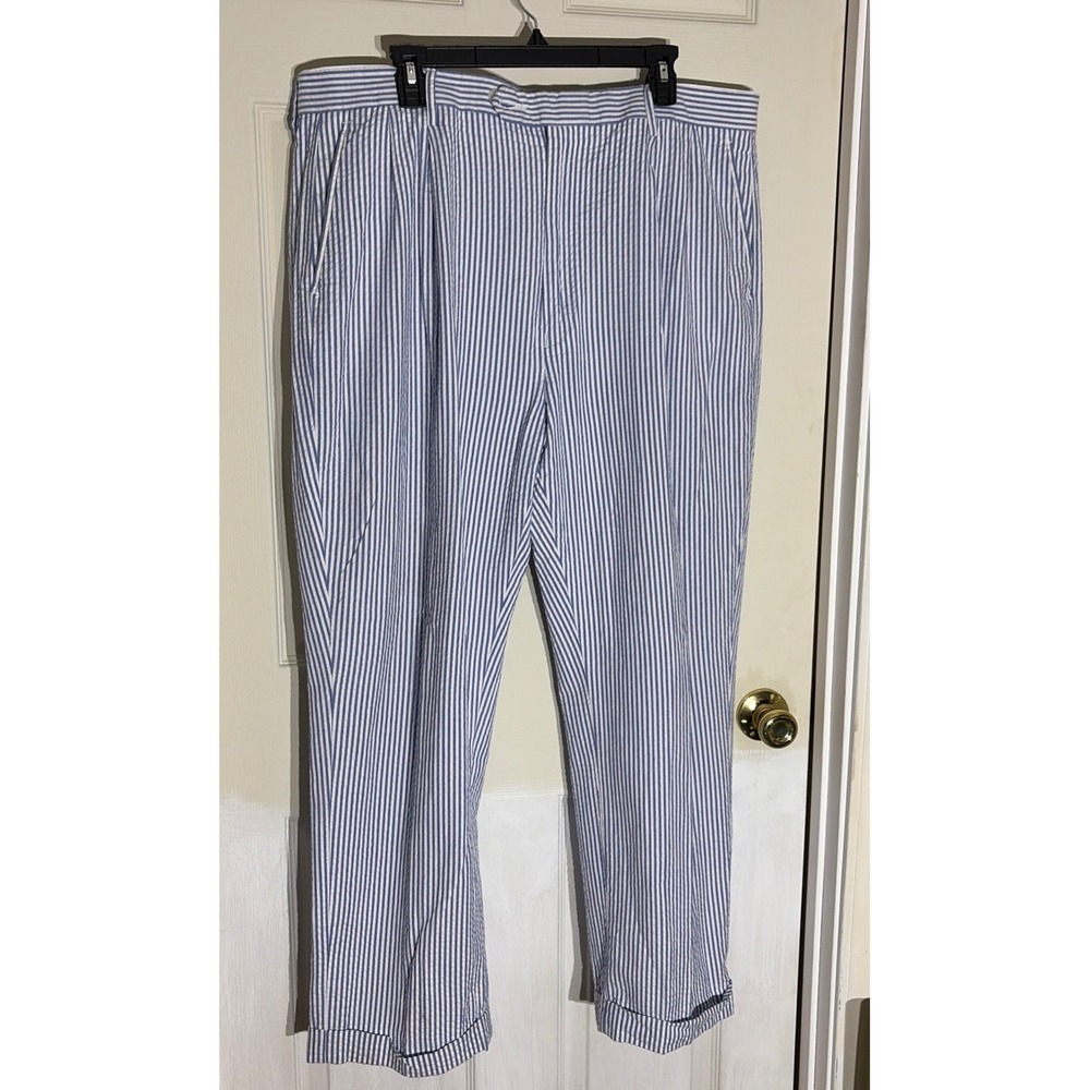 Garret Scott Mens 40R Blue White Striped Seersucker Pleated Cuffed Dress Pants
